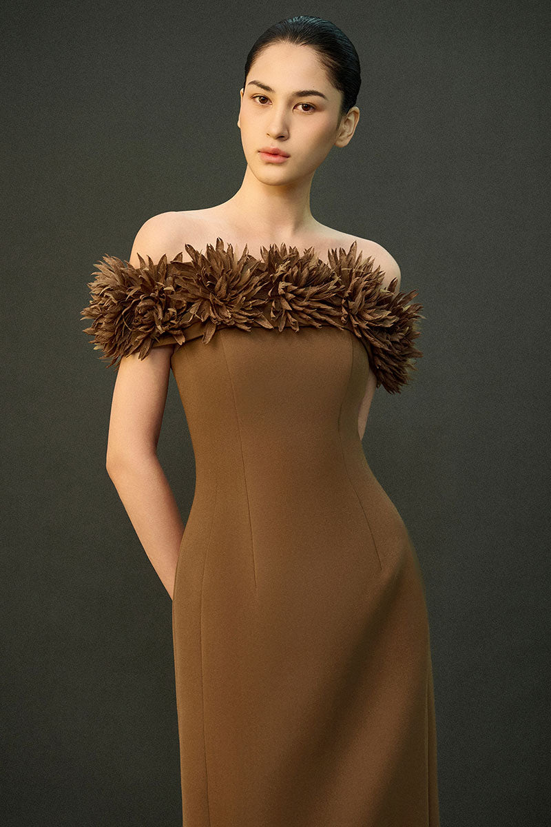 EEGEN STUDIO AREEN dress gown in brown, elegant long gown with flowing fabric and stylish design.