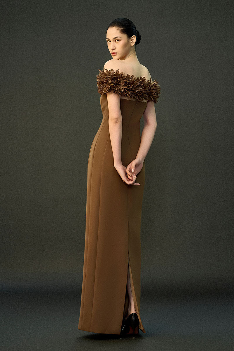 EEGEN STUDIO AREEN gown in brown, elegant dress with flowing fabric and detailed design, perfect for formal or special occasions.