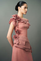 Pink RANYA gown by EEGEN STUDIO, flowing fabric with intricate details, displayed on a mannequin.
