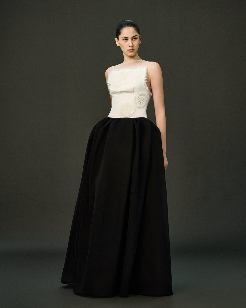 Black LINNEA gown by EEGEN STUDIO, featuring elegant fabric and fitted design, shown in a stylish product image.