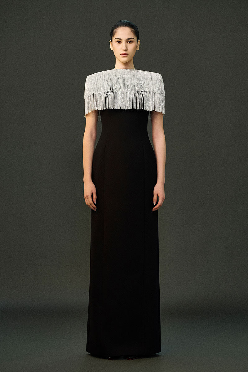 Elegant sable-colored gown by EEGEN STUDIO, flowing fabric with intricate details, perfect for formal occasions.