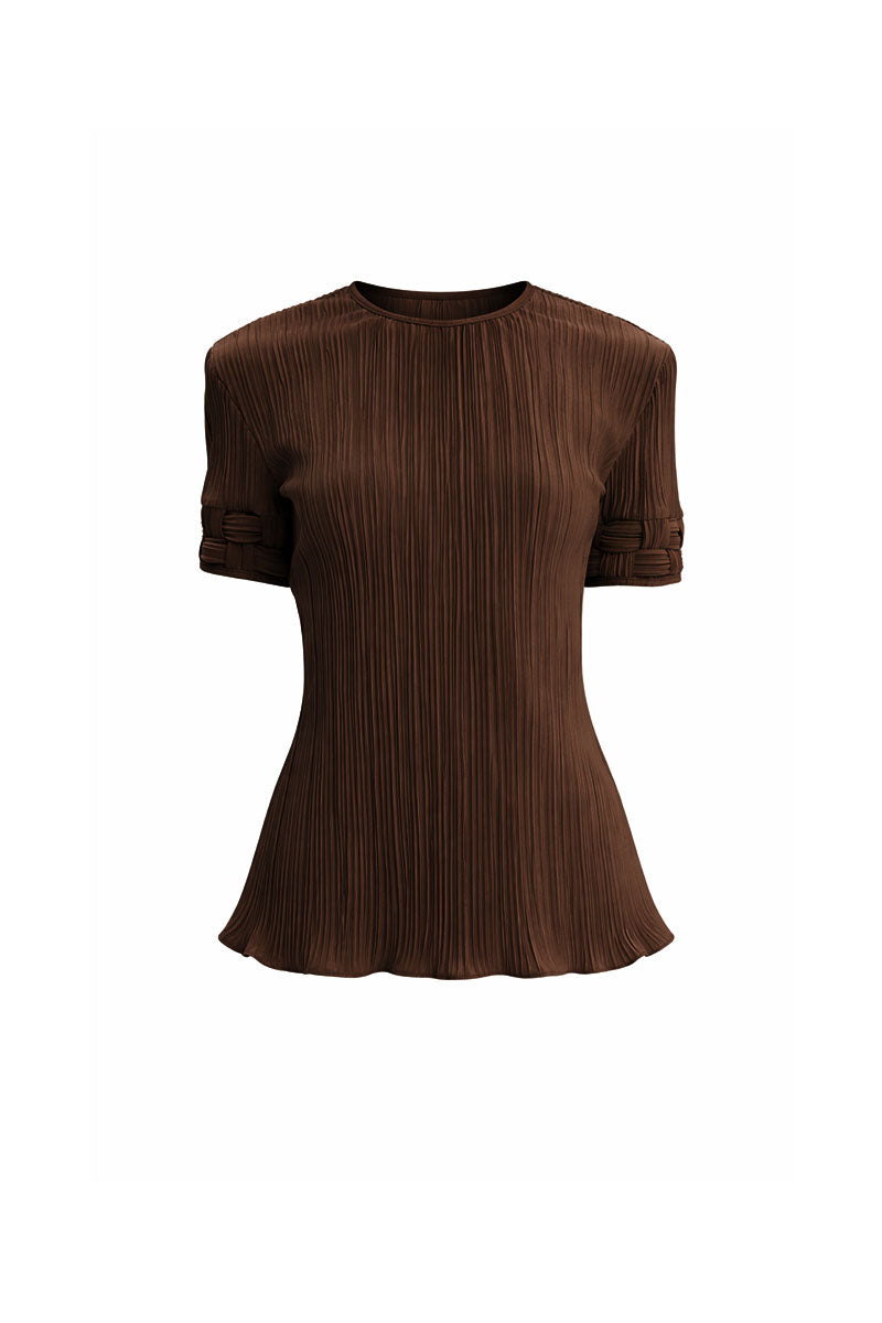 Brown SABIA TOP by Maylé Vásquez, showcasing a stylish, fitted blouse with a round neckline and long sleeves.
