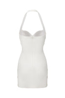 White Sabina mini dress by Nana Jacqueline featuring ring-cutout details, shown from the back.