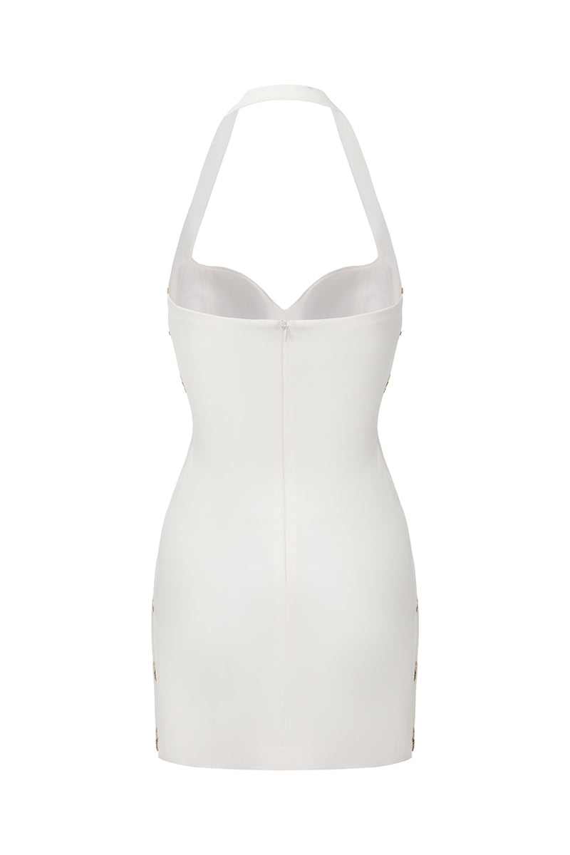 White Sabina mini dress by Nana Jacqueline featuring ring-cutout details, shown from the back.