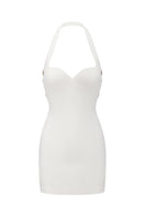 White Sabina mini dress by Nana Jacqueline featuring a ring-cutout design, shown from the front.