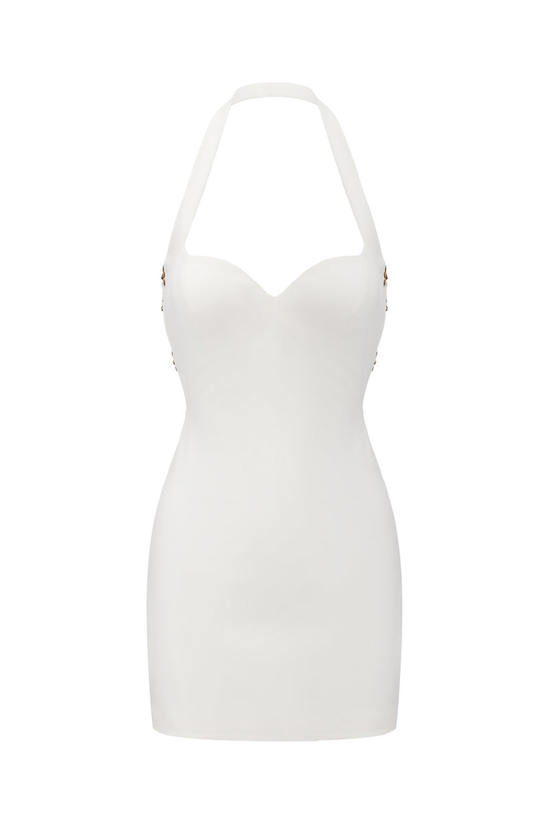 White Sabina mini dress by Nana Jacqueline featuring a ring-cutout design, shown from the front.