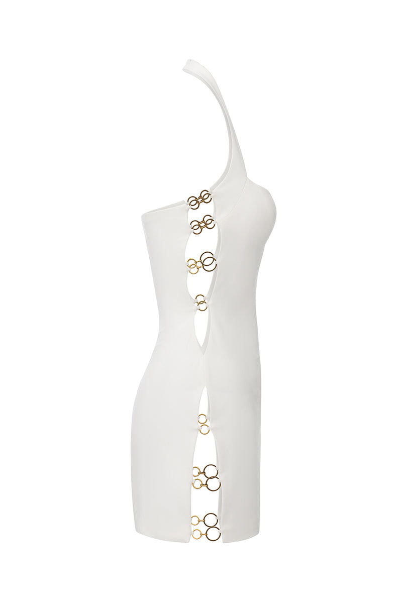White Nana Jacqueline Sabina mini dress with ring cutouts, featuring a stylish and modern design perfect for casual or dressy occasions.