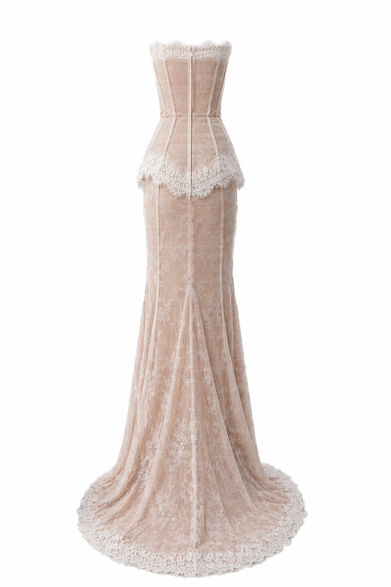 Gigii's Sabrina lace gown with back detail, elegant evening dress featuring intricate lace fabric and flowing design.