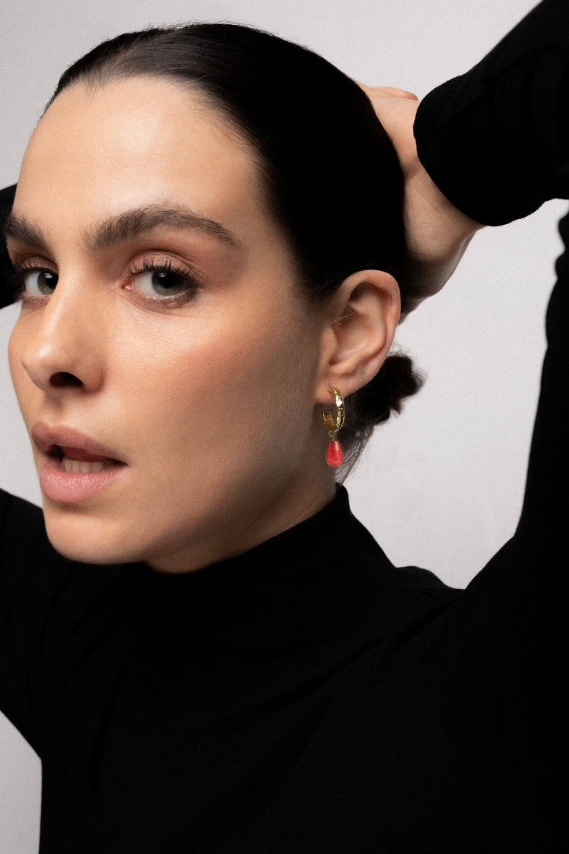 LAVANI JEWELS Sadie red earrings with intricate design, featuring vibrant red gemstones and elegant gold details.