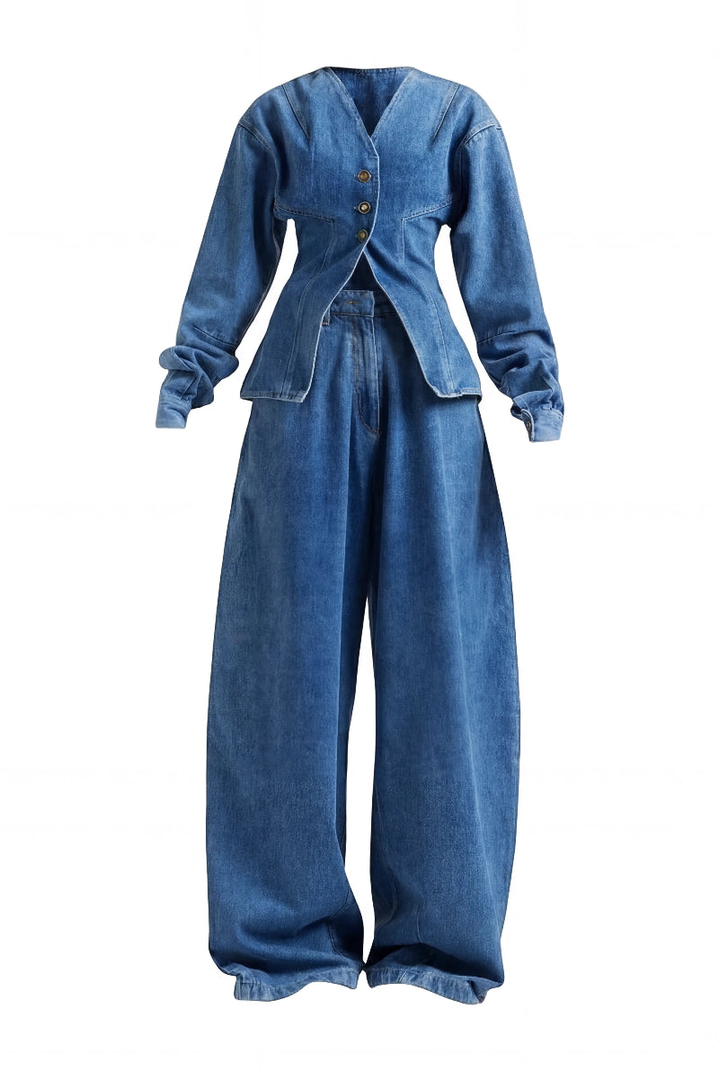 Deme By Gabriella indigo Lynn co-ord set featuring a matching top and pants, styled on a mannequin.