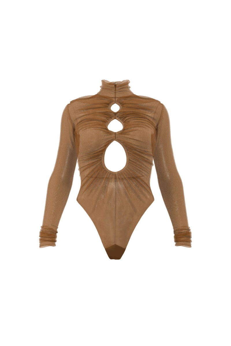 SALLE MESH BODYSUIT IN CAMEL