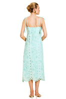 Back view of Mestiza New York Salvador Tassel Midi Dress in Tidal Blue featuring tassel details and flowing midi length.