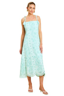 Salvador tassel midi dress in tidal blue by Mestiza New York, front view showcasing flowy fabric and tassel details.