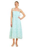 Salvador tassel midi dress in tidal blue by Mestiza New York, front view showcasing flowing fabric and tassel details.