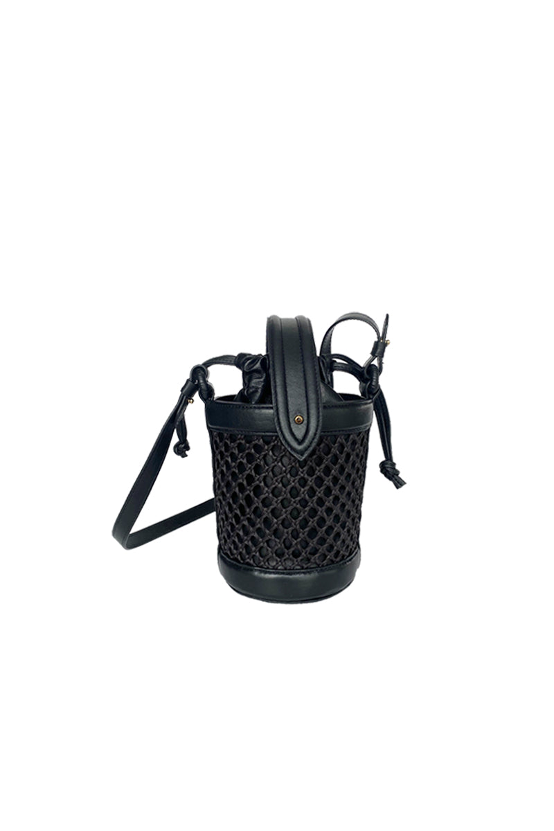 Black ISIDORA MALVA Sandona mini bucket shoulder bag with adjustable strap and stylish design.