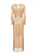 Gold Santa Maria maxi dress by Maylé Vásquez, flowing fabric and elegant design, perfect for summer or special occasions.