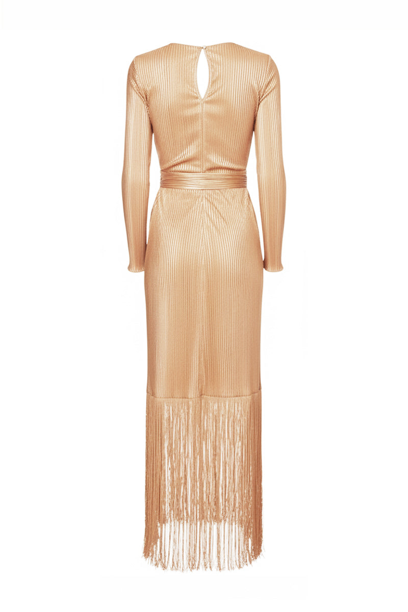 Gold Santa Maria maxi dress by Maylé Vásquez, flowing fabric and elegant design, perfect for summer or special occasions.