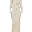 Silver Santa Maria maxi dress by Maylé Vásquez, flowing fabric with intricate details, showcased on a dress form.