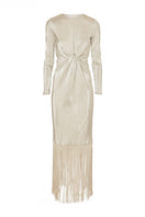 Silver Santa Maria maxi dress by Maylé Vásquez, flowing fabric with intricate details, showcased on a dress form.