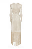 Silver Santa Maria maxi dress by Maylé Vásquez featuring flowing fabric and elegant design, perfect for formal occasions.