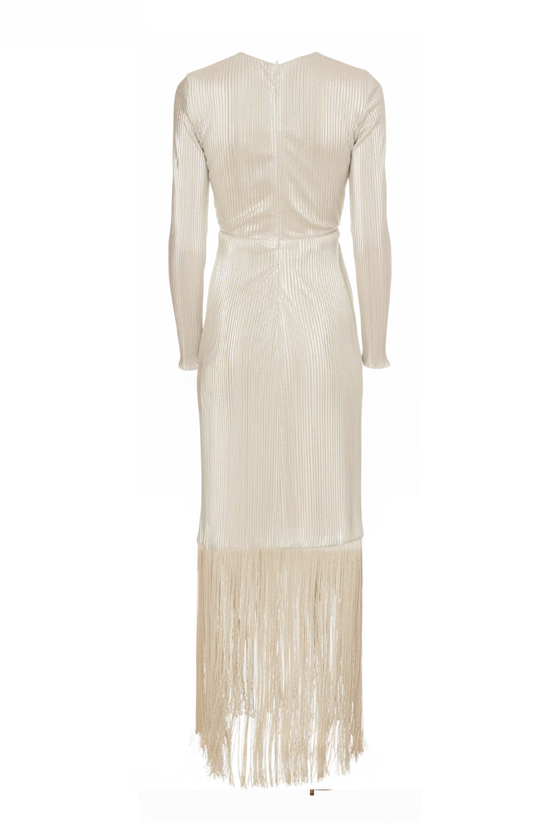 Silver Santa Maria maxi dress by Maylé Vásquez featuring flowing fabric and elegant design, perfect for formal occasions.