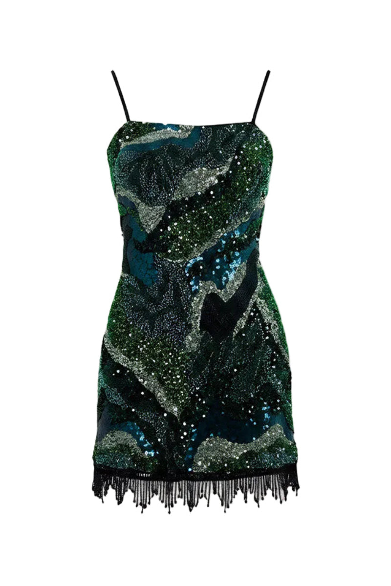 Green Saphira dress by Rayane Bacha, a stylish mini dress with a fitted silhouette and elegant design, shown on a model.