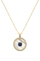 September birthstone sapphire necklace by Freya Rose featuring a vermeil gold chain and a mother-of-pearl pendant.