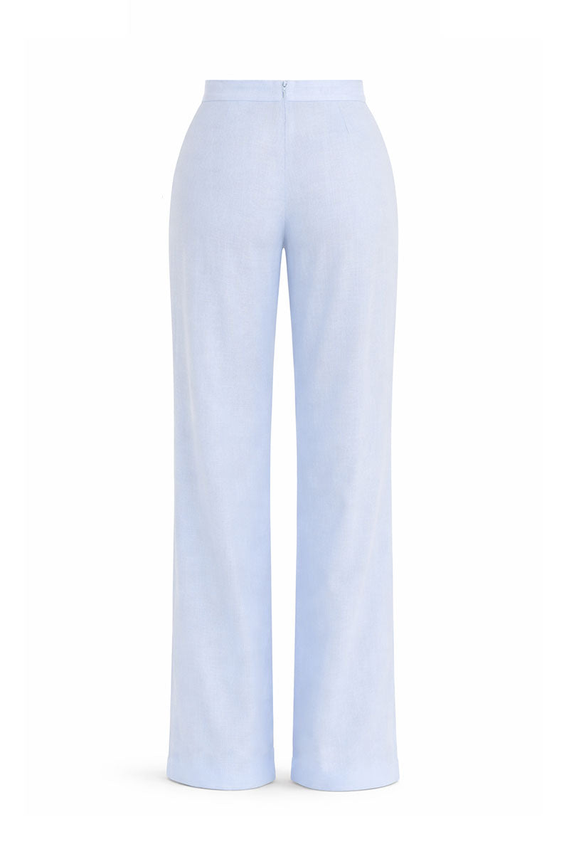 Baby blue SARENA PANTS by Maylé Vásquez, stylish and comfortable pants for casual wear, shown in the image.