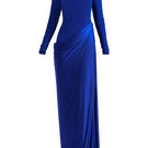 Deme By Gabriella Sasha electric blue maxi dress displayed on a hanger, featuring flowing fabric and elegant design.