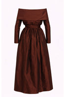 Elegant ANA + MARIA Sasha mahogany midi dress displayed on a ghost mannequin.