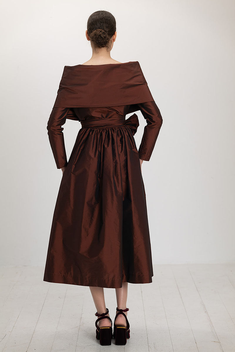 Ana + Maria Sasha Mahogany midi dress featuring a stylish, elegant design and rich mahogany color.