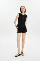 Bassigue black scuba button-down vest, a stylish sleeveless top with a front button closure and a smooth, fitted design.
