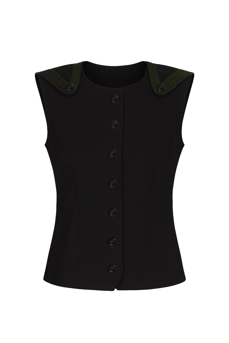 Black Bassigue scuba button-down vest, a stylish and comfortable men's top with a sleek design and front button closure.