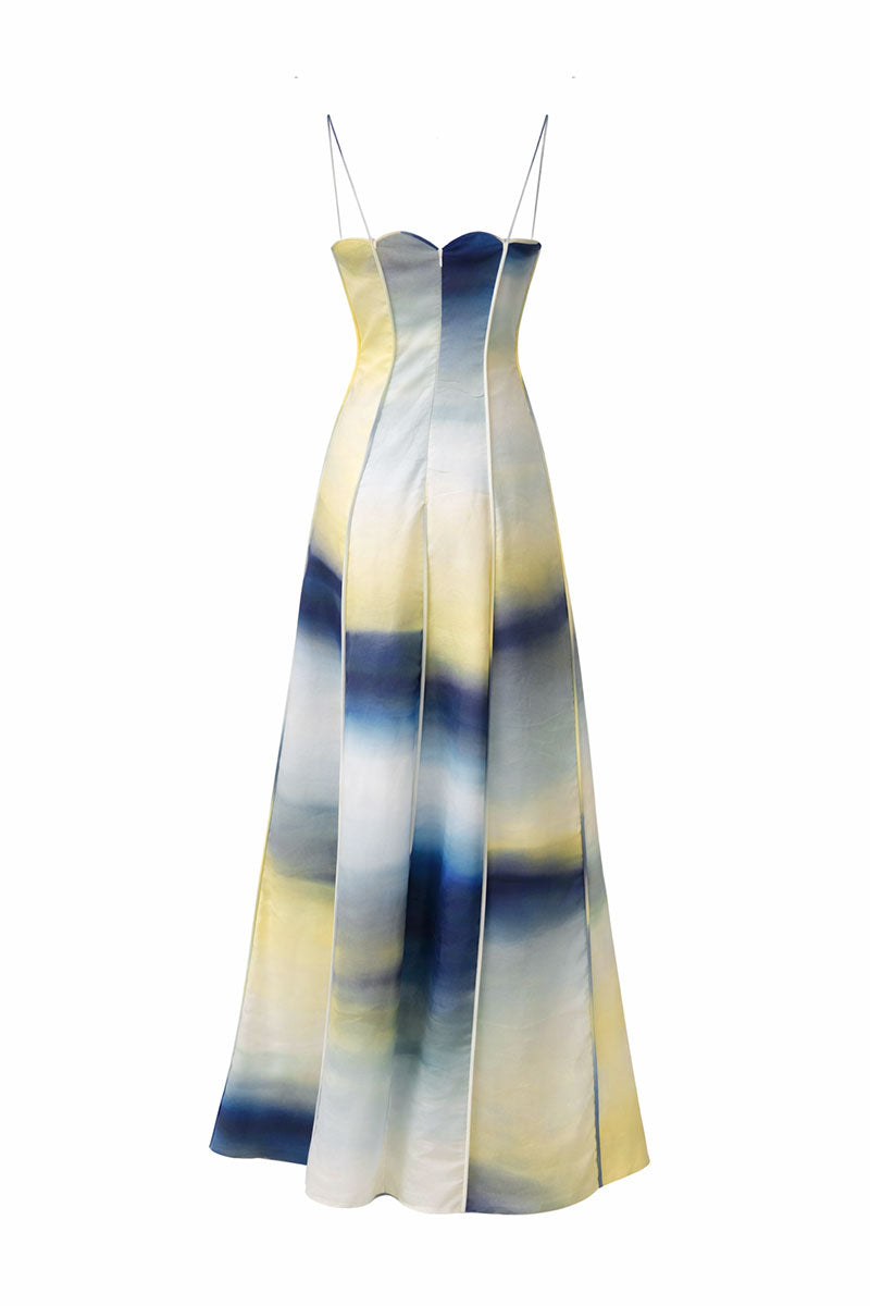 Maylé Vásquez sea shell linen gown with waves print, flowing design, lightweight fabric, perfect for casual or beachwear.