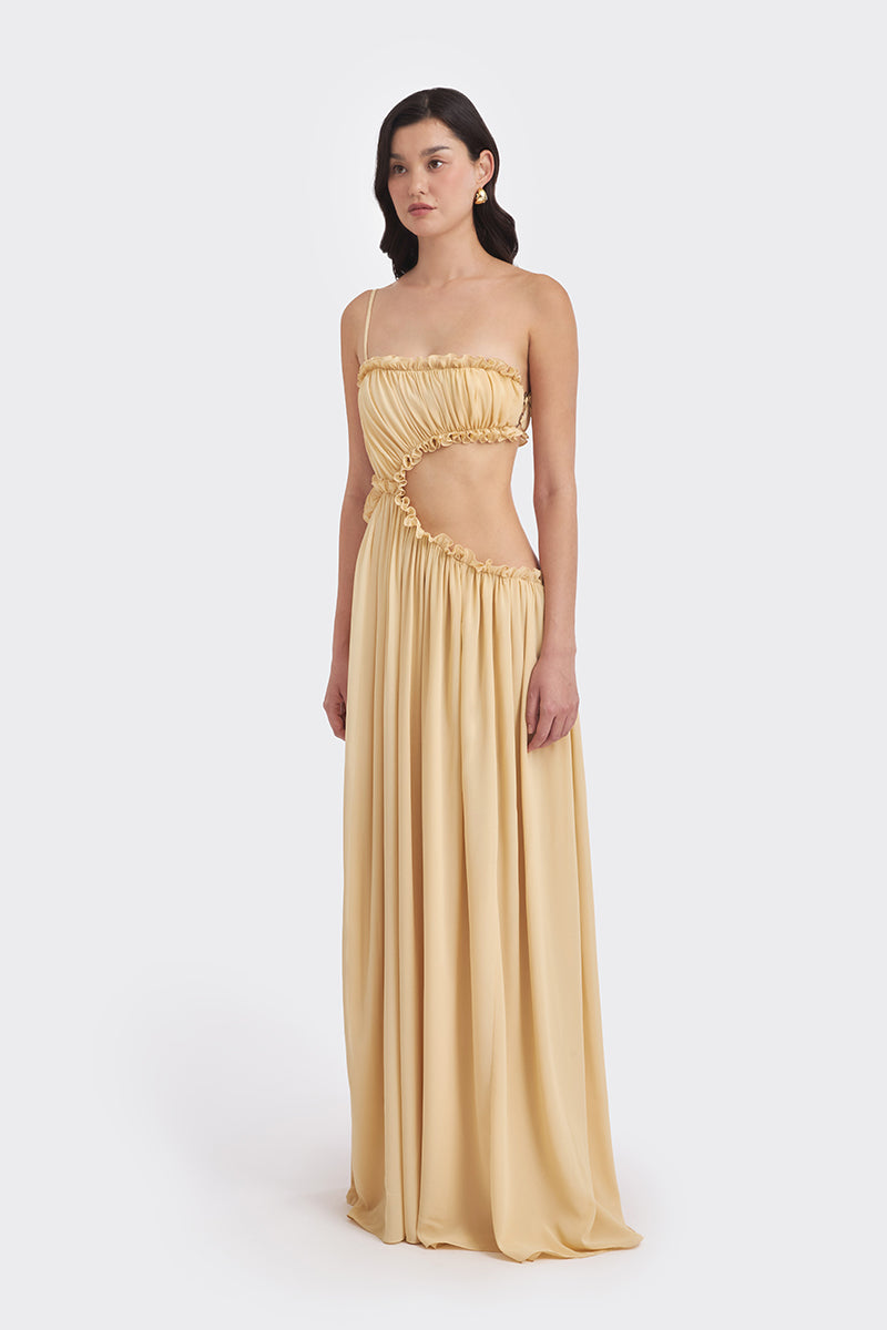 beige draped dress Jluxlabel Night Spark Drape Dress