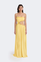Yellow Selene draped maxi dress by Stolen Stores, flowing fabric and elegant design perfect for summer occasions.