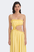 Yellow Selene draped maxi dress from Stolen Stores, flowing fabric and elegant design, perfect for summer or special occasions.