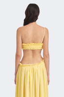 Yellow Selene draped maxi dress by Stolen Stores, flowing fabric, elegant design, and full-length style in a vibrant yellow color.