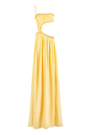 Yellow Selene draped maxi dress by Stolen Stores, flowing fabric and elegant design perfect for summer or special occasions.