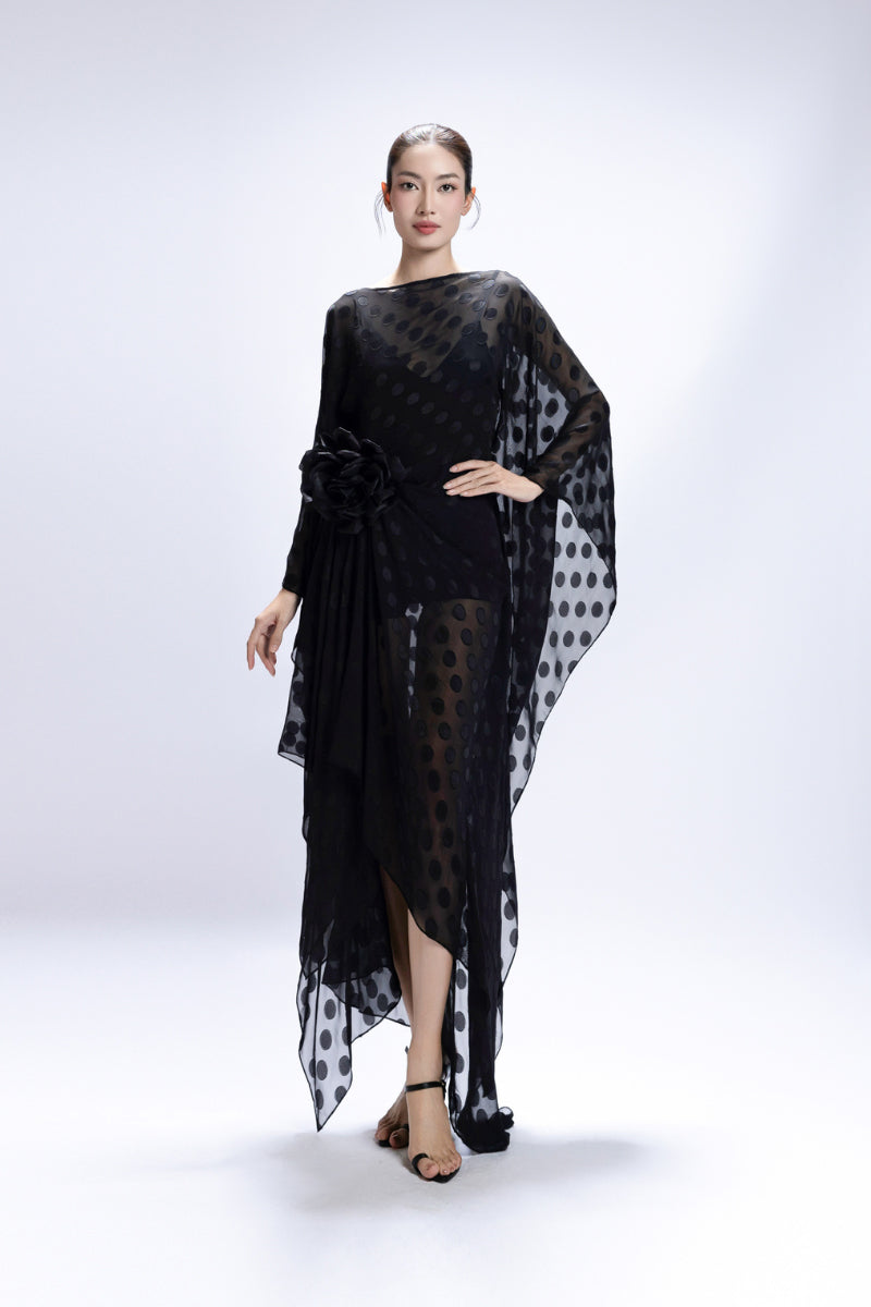 SEMI-SHEER LONG KAFTAN IN BLACK