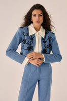 Señorita blue blazer jacket with tailored fit and lapel collar, stylish for formal or casual wear.