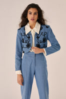 Blue Juana blazer by Señorita, tailored fit blazer with classic lapel, styled on a model with sleek design and vibrant color.