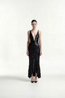 Black sequin plunge evening midi dress by Tayfun Kaba, elegant design with shimmering embellishments and a stylish plunging neckline.