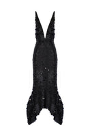 Black sequin plunge evening midi dress by Tayfun Kaba, featuring a fitted silhouette and elegant design for formal occasions.