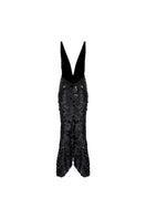 Black sequin plunge evening midi dress by Tayfun Kaba, featuring a fitted silhouette and elegant design for formal occasions.