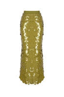 Green sequin midi skirt by Tayfun Kaba featuring a shimmering, embellished design perfect for stylish evening wear.