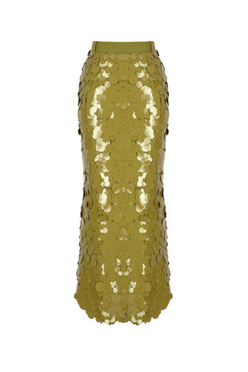 Green sequin midi skirt by Tayfun Kaba featuring a shimmering, embellished design perfect for stylish evening wear.