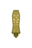Green sequin midi skirt by Tayfun Kaba, showcasing a stylish, shimmering design perfect for elegant or festive outfits.