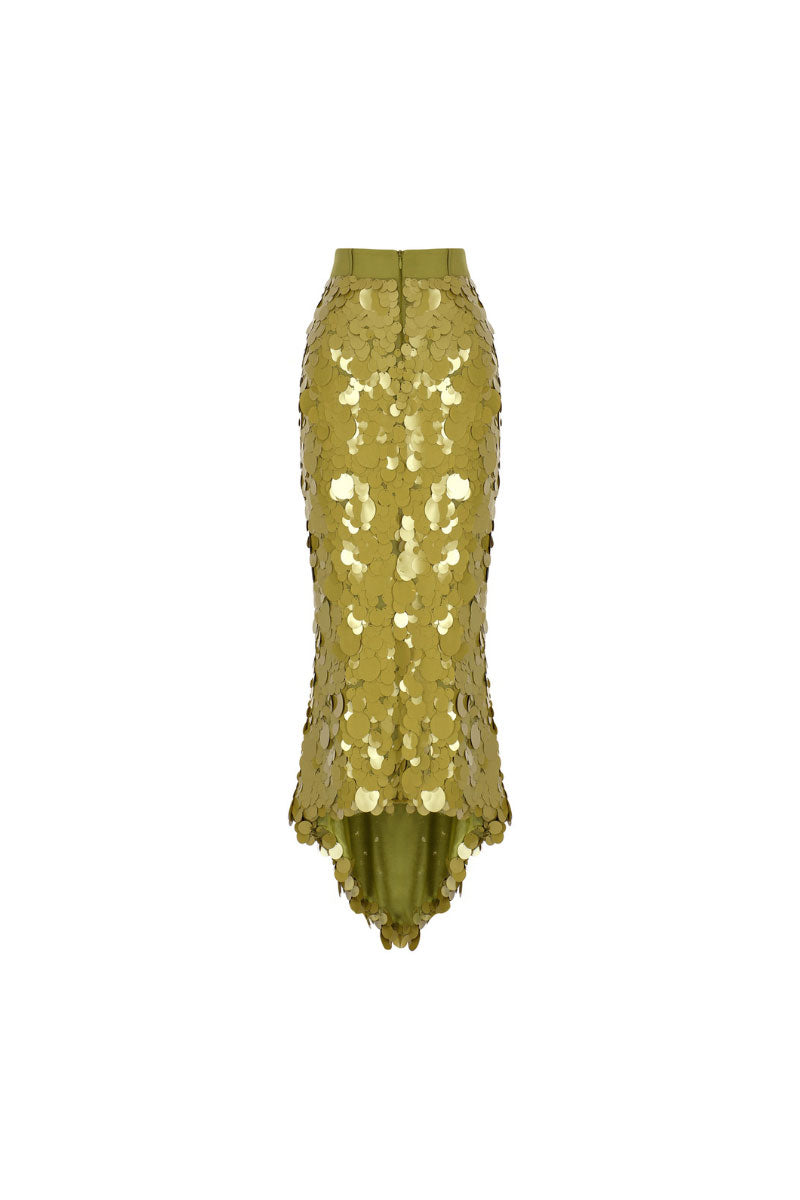 Green sequin midi skirt by Tayfun Kaba, showcasing a stylish, shimmering design perfect for elegant or festive outfits.