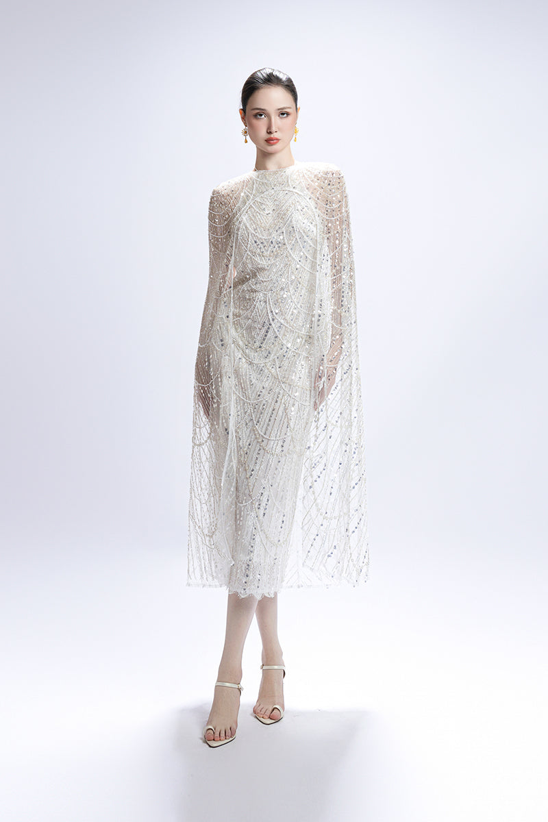 SEQUIN MIDI CAPE DRESS IN WHITE